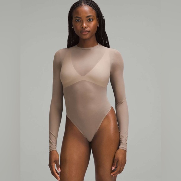 Lululemon Wundermost Nulu Mesh Long-Sleeve Crewneck Bodysuit Taupetastic - Picture 1 of 5